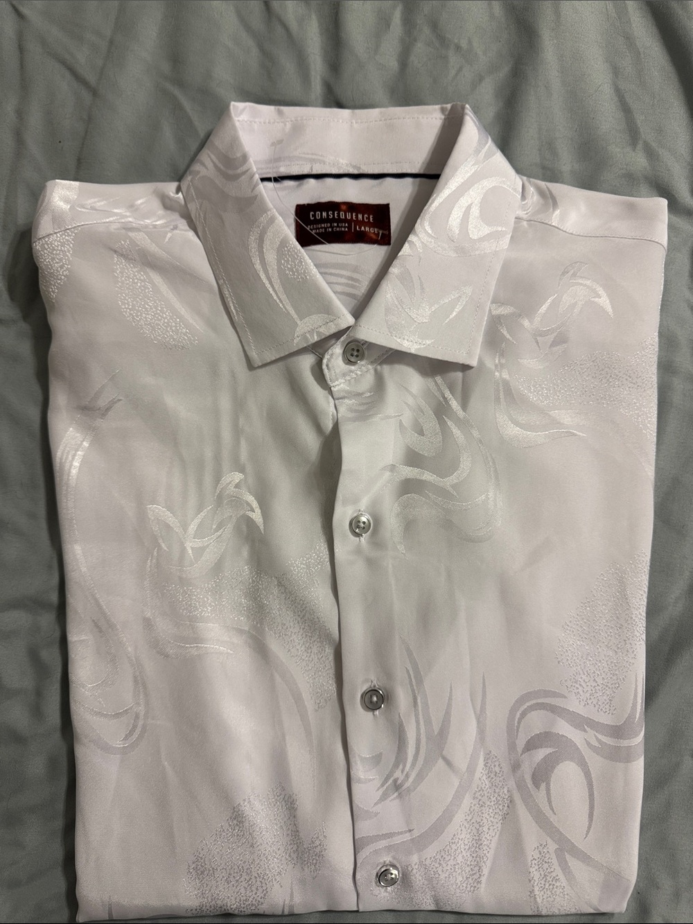 Men’s Consequence White Jacquard Pattern Long-Sleeve Dress Shirt, Sz L